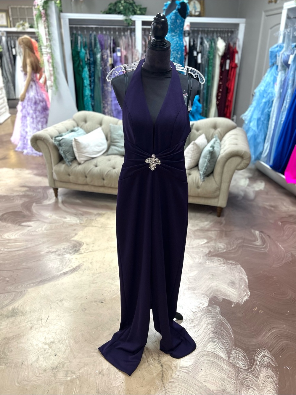 Jovani Deep Purple Halter Evening Jumpsuit with Brooch